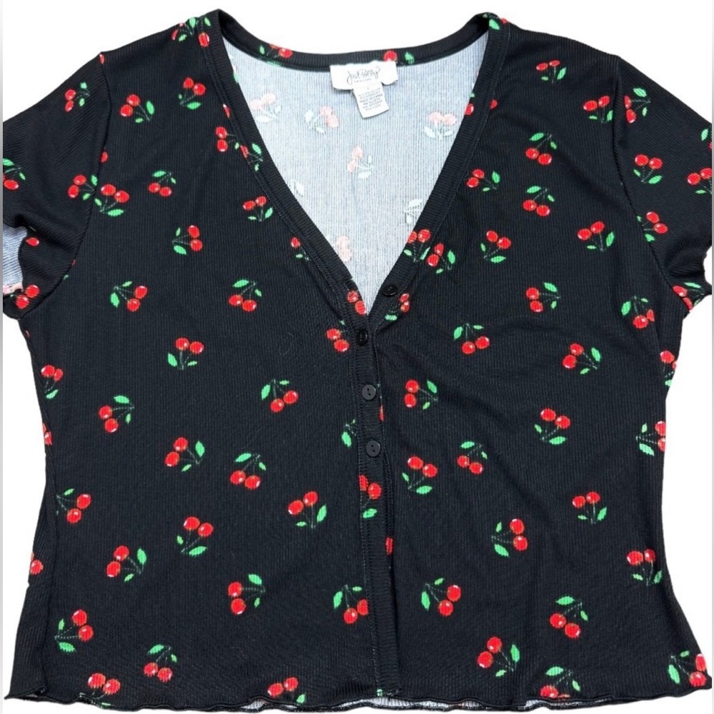 Black w Cherries design button up womens blouse - Large